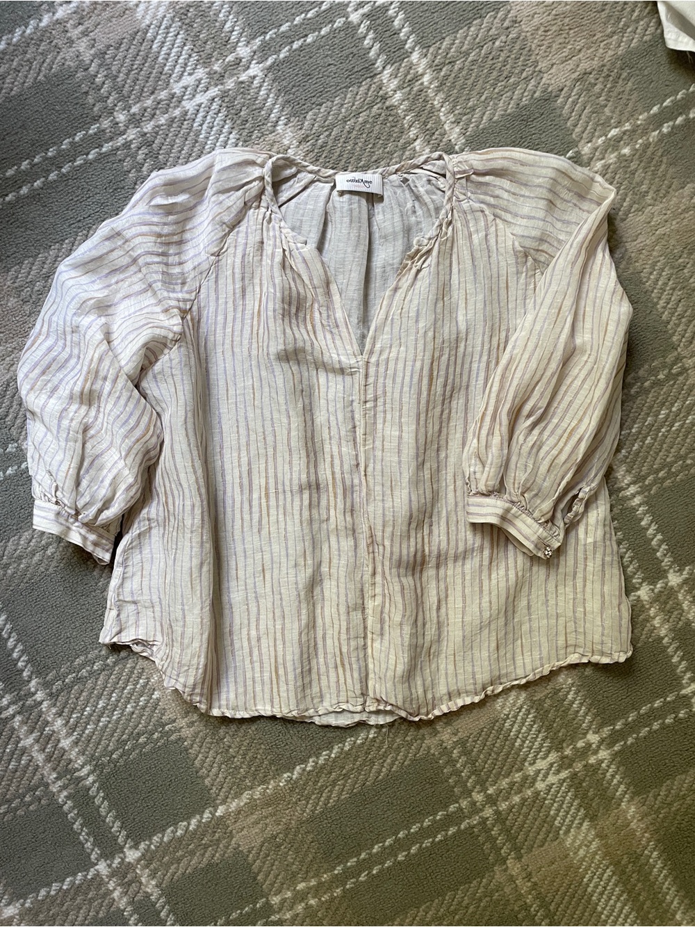 ottod’Ame linen blend split neck 3/4 sleeve stripe peasant blouse S/2